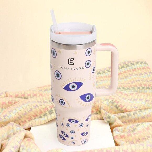 Evil Eyes Printed 40oz Double Wall Stainless Steel Tumbler With Handle - Picture 3 of 3